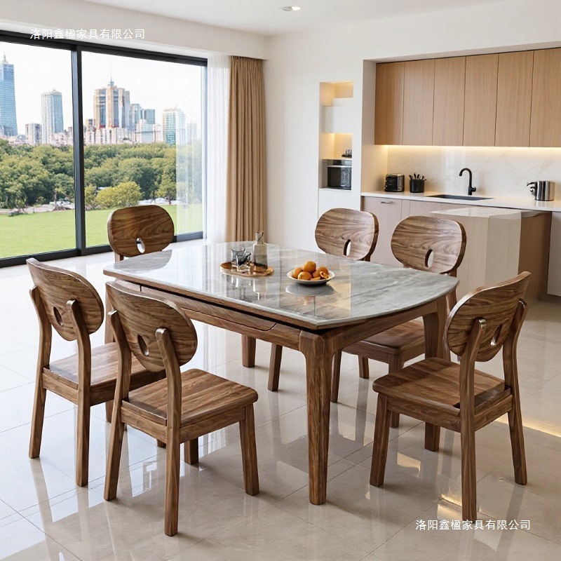 Nordic rock board solid wood dining table combination, small-sized electromagnetic stove, retractable folding, modern and simple household dining table