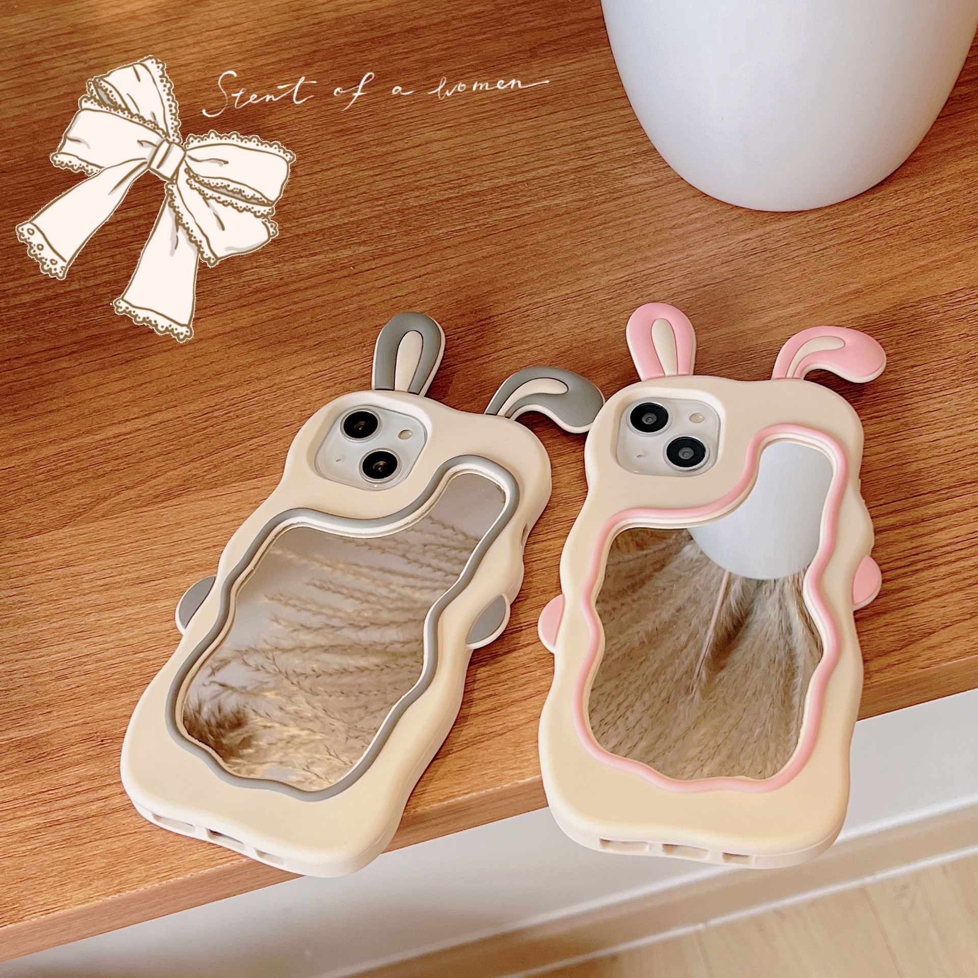 Cute Pink Rabbit Ear Makeup Mirror Suitable for iPhone 15 Promax Apple 13/12/11 Phone Case XR Silicone