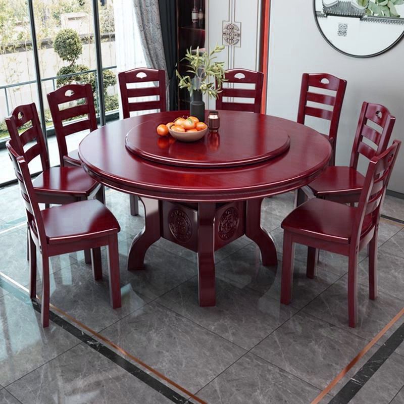 Chinese solid wood round table dining table, household solid wood induction cooker dining table turntable combination, hotel carved round dining table dining table