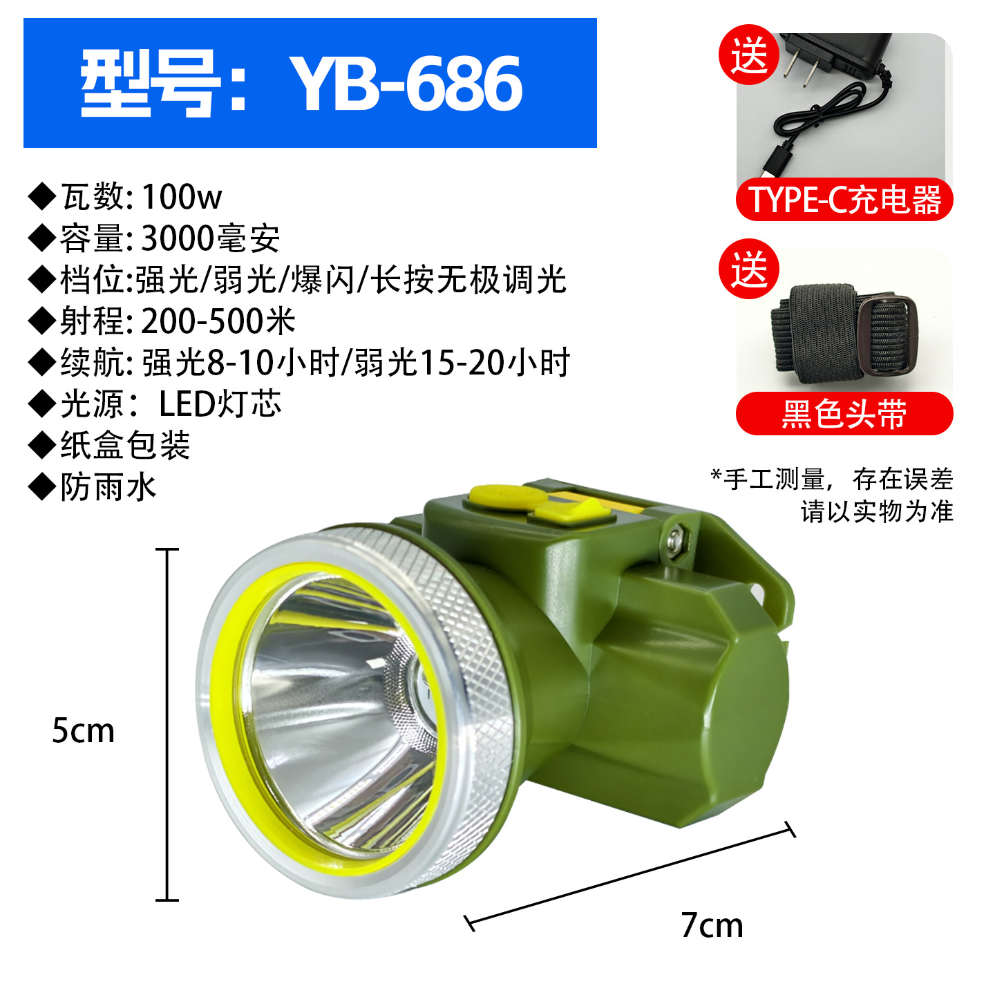 Strong light headlight, outdoor LED ultra bright long-range spotlight, bald head, wearable night fishing mineral light, long endurance, lithium battery charging