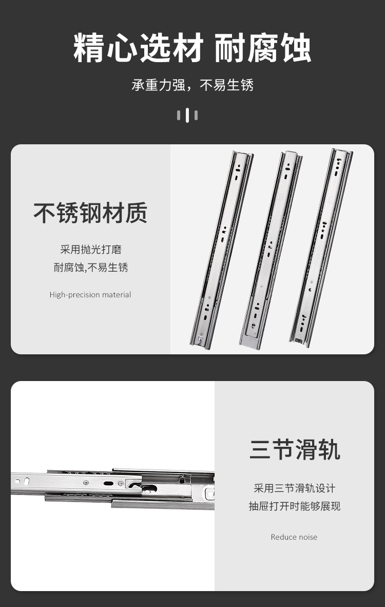 Guide rail, household furniture, stainless steel hardware accessories, kitchen drawers, bathroom slides, pulleys, buffering and noise reduction