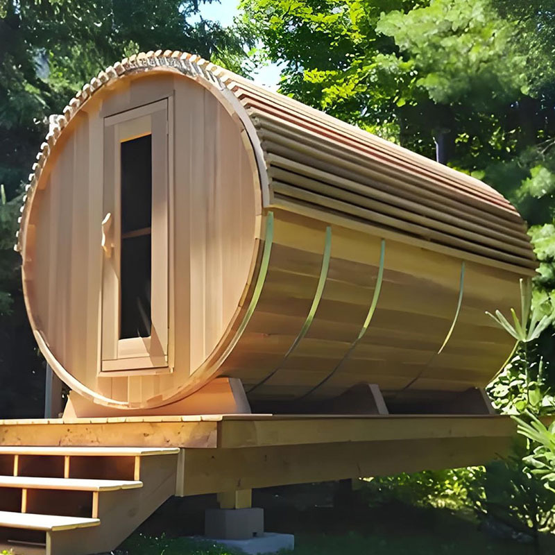 Factory supplied non-standard solid wood hemlock cylindrical sauna room with tiles and movable outdoor sweat steam room traditional