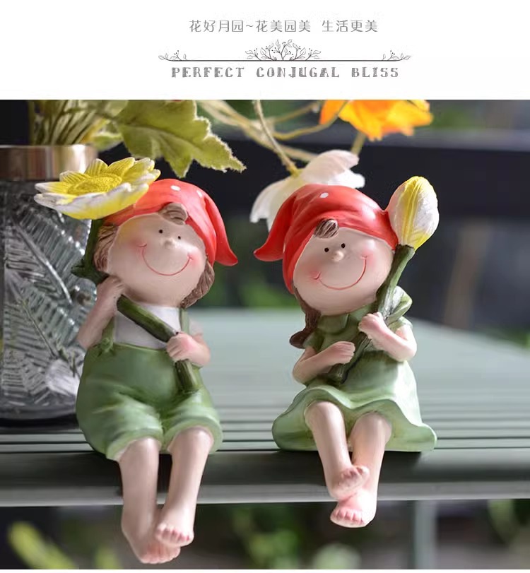 Balcony Cute Garden Doll Ornament Courtyard Home Cartoon Countryside Style Boy and Girl Resin Decorations Desktop