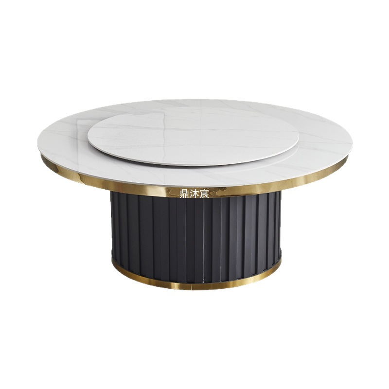 Factory direct sales hotel electric dining table large round table light luxury rock board restaurant hotpot table with induction cooker table for 20 people