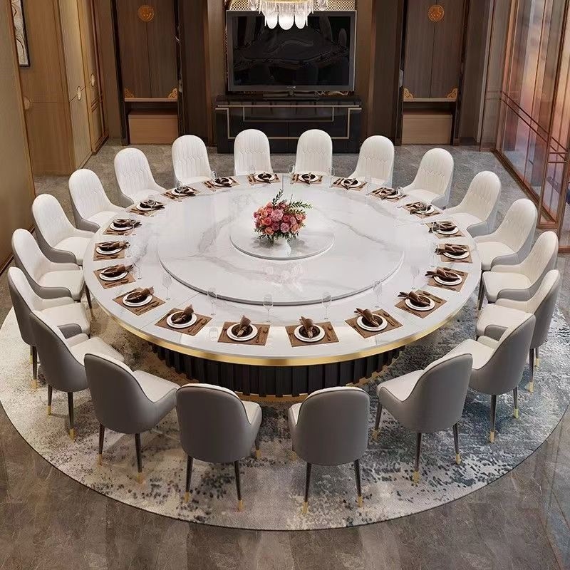 Light luxury hotel rock slab electric dining table, round table with turntable, restaurant commercial induction cooker, dining table for 30 people, dining together