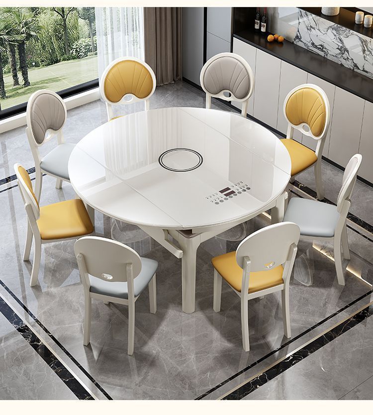 Flow crystal solid wood dining table, household induction cooker, extendable and foldable, dual-purpose, light luxury glass small household dining table
