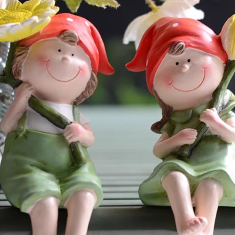 Balcony Cute Garden Doll Ornament Courtyard Home Cartoon Countryside Style Boy and Girl Resin Decorations Desktop