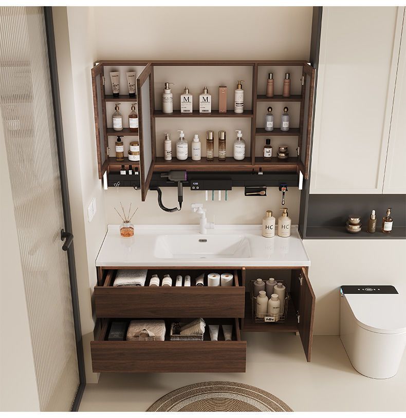 Walnut washbasin, bathroom cabinet, combination bathroom, hand washing and washing ceramic integrated washbasin, new Chinese style