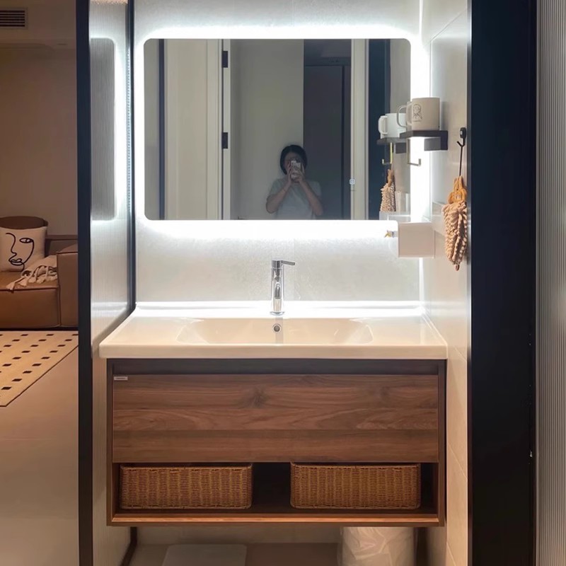 Light luxury black walnut color bathroom cabinet combination bathroom sink ceramic integrated washbasin sink sanitary ware