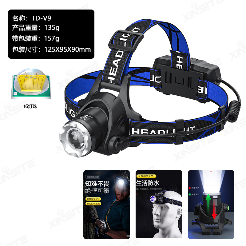 Cross border outdoor zoom induction strong bald head light, long endurance lithium battery head mounted explosive dual light source fishing light, mining light