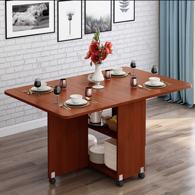 Wooden folding dining table for household small unit rectangular simple and easy to stretch mobile dining table for 4-6 people