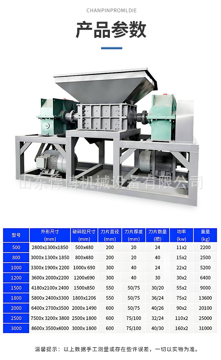 Double axis shredder, tire plastic crushing equipment, can, woven bag, plastic bottle crusher, large shredder