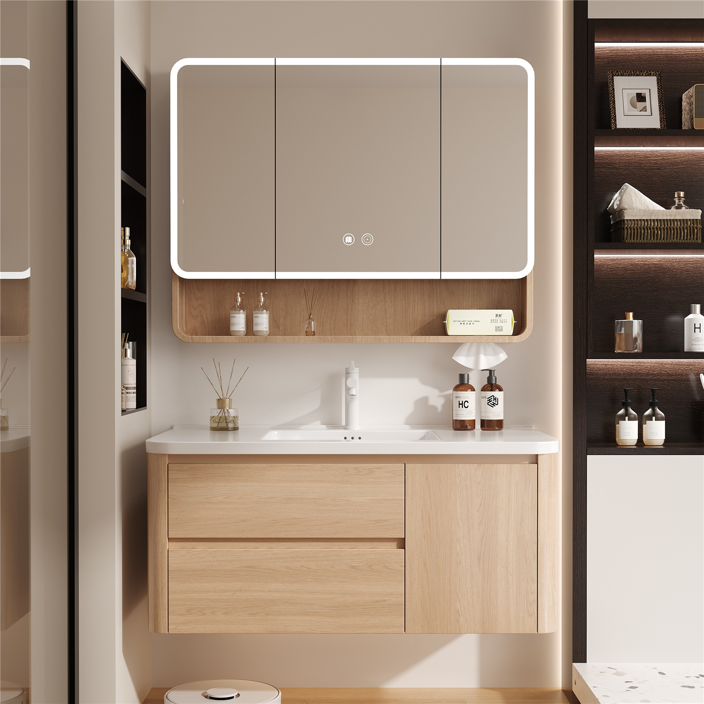 Wooden color Japanese style space aluminum honeycomb curved bathroom cabinet combined with ceramic integrated washbasin, washbasin, and washbasin