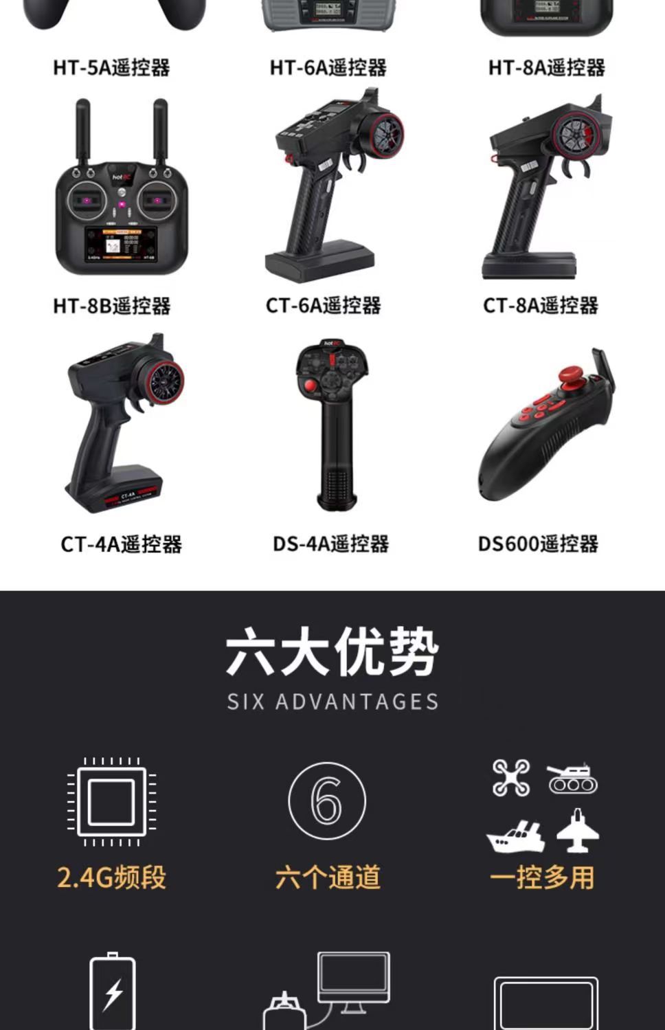 Hotrc HT-6A遥控器电压回传6六通道接收机航模固定翼车船飞机双向