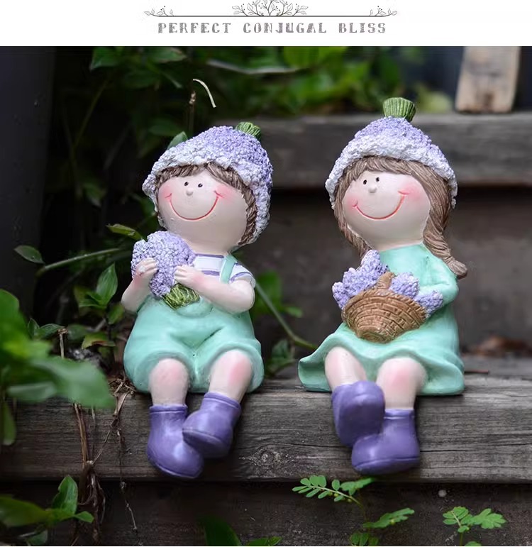 Balcony Cute Garden Doll Ornament Courtyard Home Cartoon Countryside Style Boy and Girl Resin Decorations Desktop