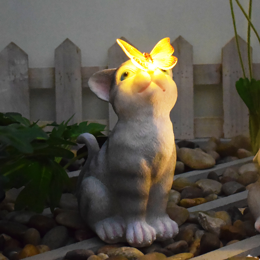 Outdoor solar powered luminous cat and rabbit shaped lamp, creative resin ornament, courtyard landscape garden decoration lamp
