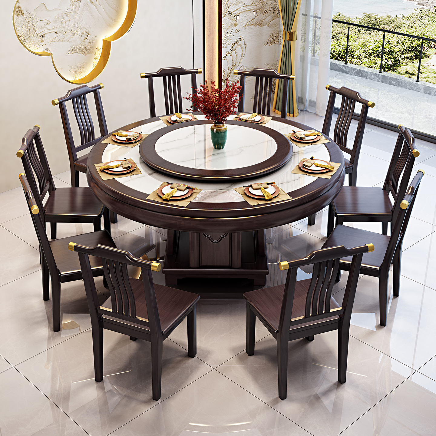 New Chinese style rock slab large round table marble dining table and chair combination solid wood circular dining table with large induction cooker function