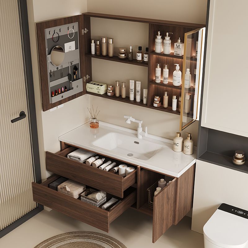 Walnut washbasin, bathroom cabinet, combination bathroom, hand washing and washing ceramic integrated washbasin, new Chinese style