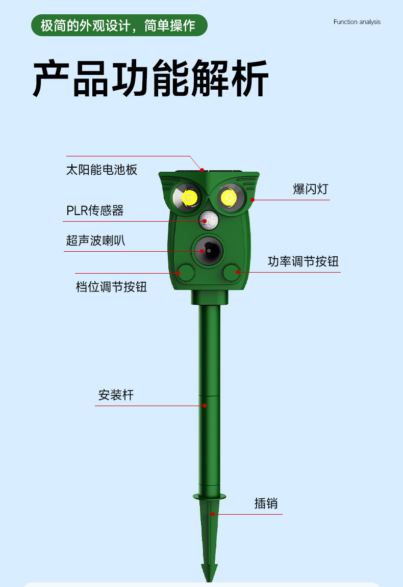 Solar powered rodent repellent, outdoor animal repellent, household courtyard ultrasonic repellent, yellow weasel repellent, snake repellent, bird repellent