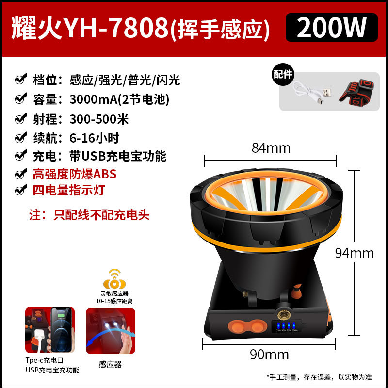 工厂批发超亮耀火头灯 感应白光黄光钓鱼灯激光炮长续航LED手电筒