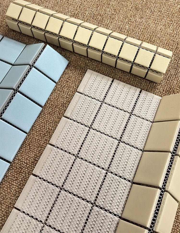 Sky blue checkered mosaic tiles, Japanese style bathroom, kitchen, bathroom wall tiles, creamy beige square tiles