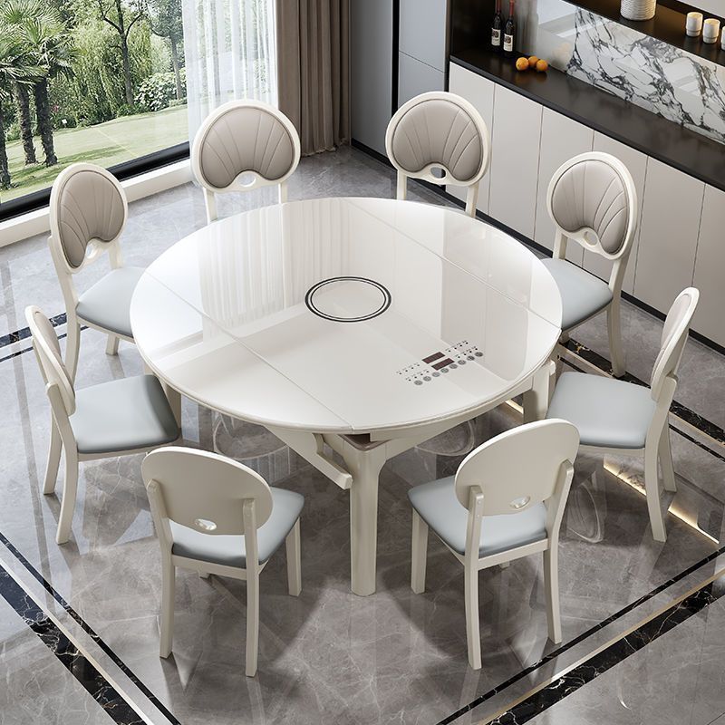 Flow crystal solid wood dining table, household induction cooker, extendable and foldable, dual-purpose, light luxury glass small household dining table
