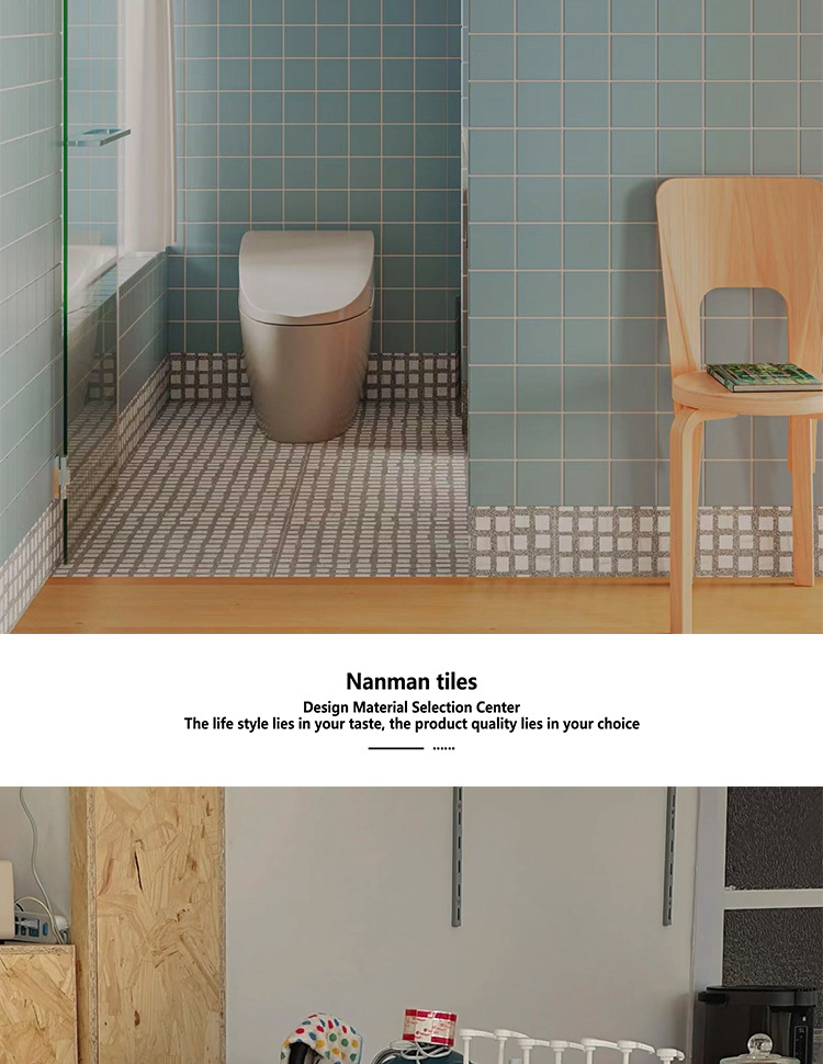 Sky blue checkered mosaic tiles, Japanese style bathroom, kitchen, bathroom wall tiles, creamy beige square tiles