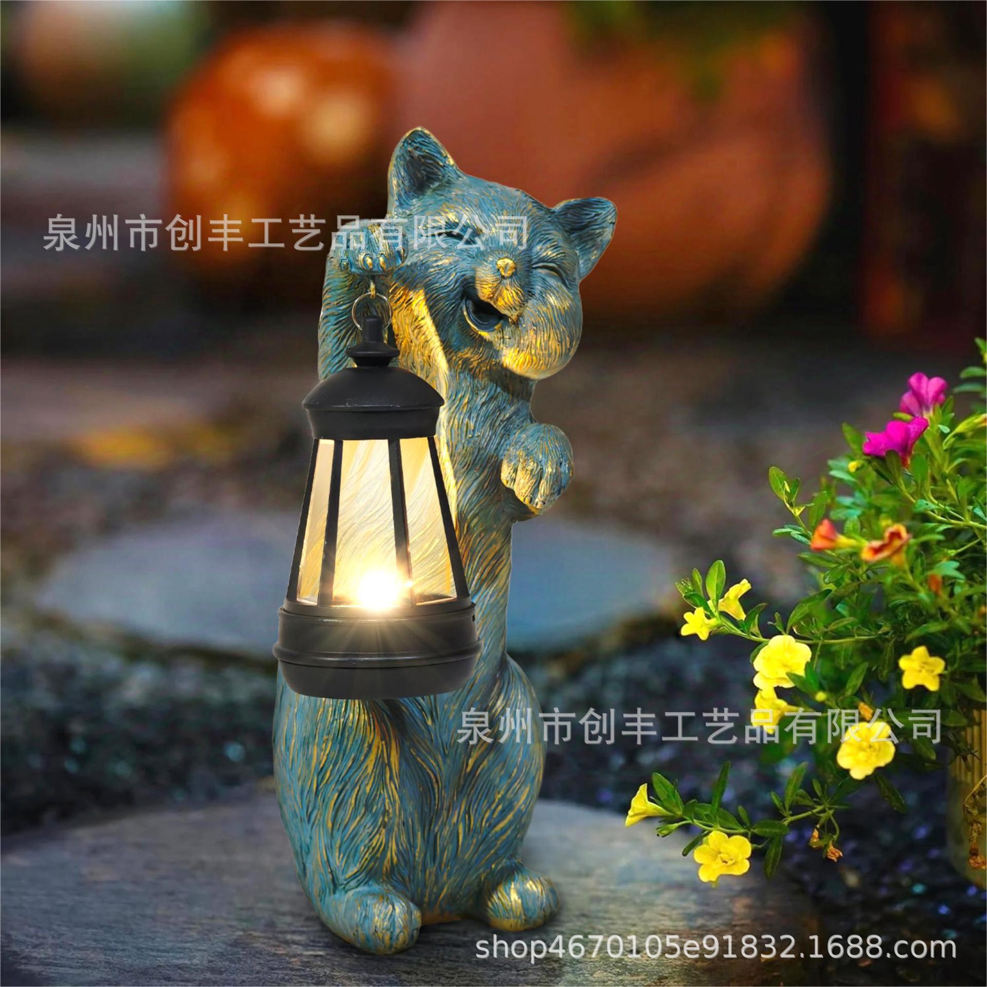 户外太阳能庭院灯摆件小猫提灯树脂工艺品雕像花园庭院装饰品摆件