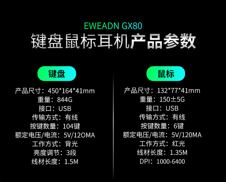 GX80机械茶轴手感键盘鼠标耳机套装笔记本电脑有线键鼠电竞游戏