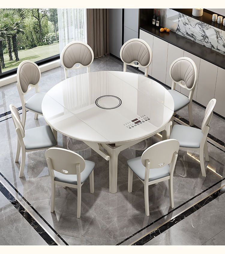 Flow crystal solid wood dining table, household induction cooker, extendable and foldable, dual-purpose, light luxury glass small household dining table