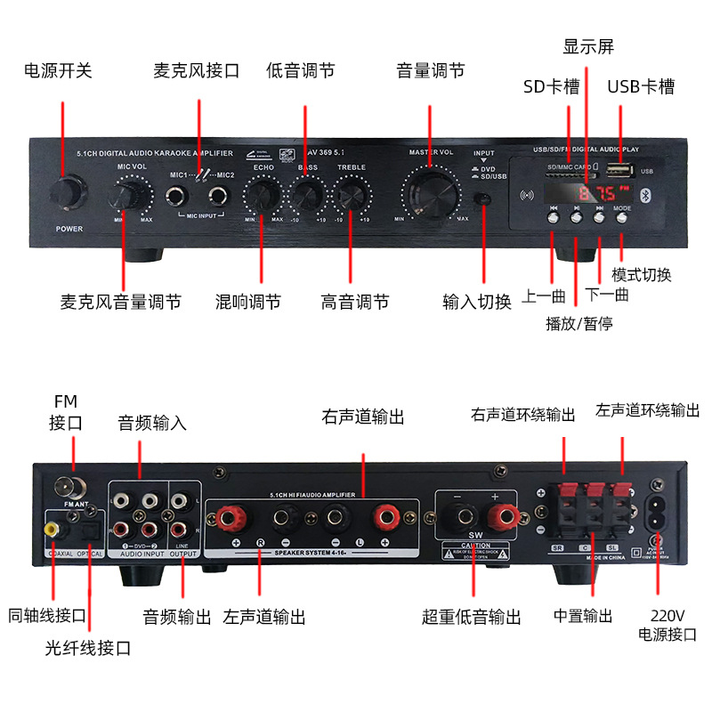 Усилитель мощности HiFi AV-369BT 5.1 канал с Bluetooth