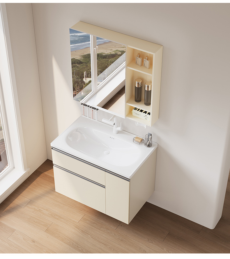 Xiaohongshu's same cream washbasin basket space aluminum bathroom cabinet ceramic washbasin integrated combination multifunctional