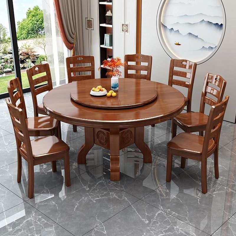 Chinese solid wood round table dining table, household solid wood induction cooker dining table turntable combination, hotel carved round dining table dining table