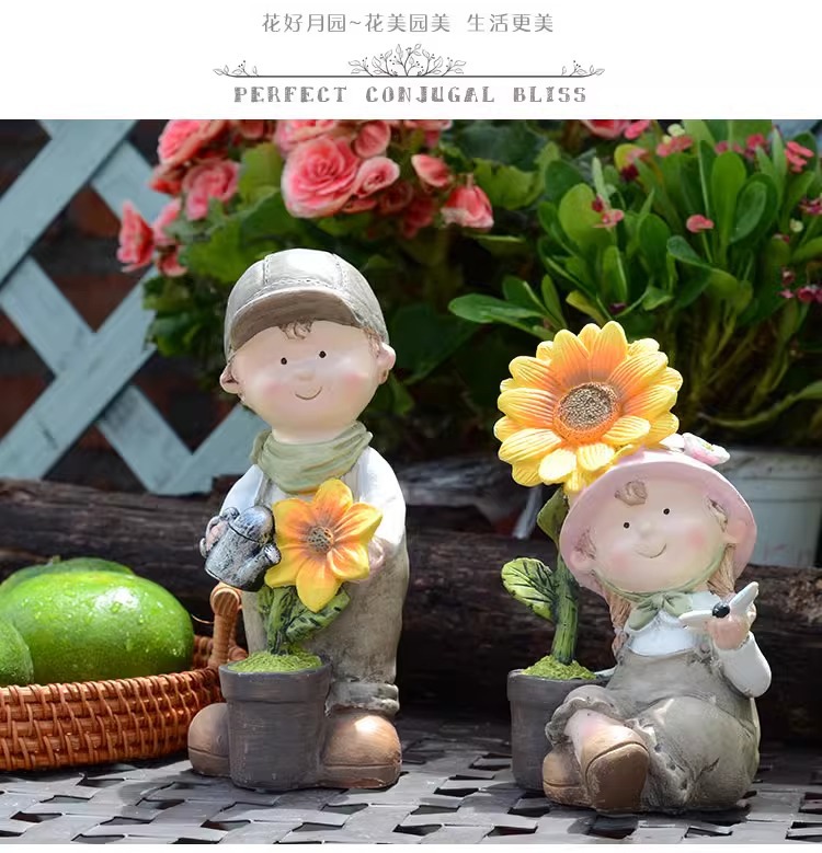 Balcony Cute Garden Doll Ornament Courtyard Home Cartoon Countryside Style Boy and Girl Resin Decorations Desktop