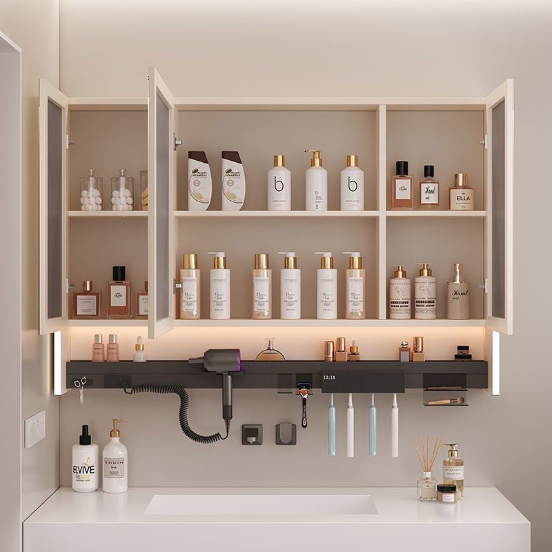 Intelligent bathroom mirror, multifunctional mirror cabinet, bathroom wall mounted toothbrush, disinfection layer board, hair dryer, separate atmosphere integrated