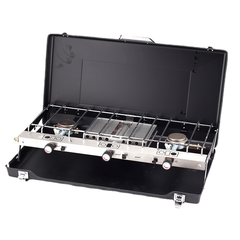 Outdoor portable folding barbecue grill portable gas stove camping picnic gas dual stove three head windproof storage stove