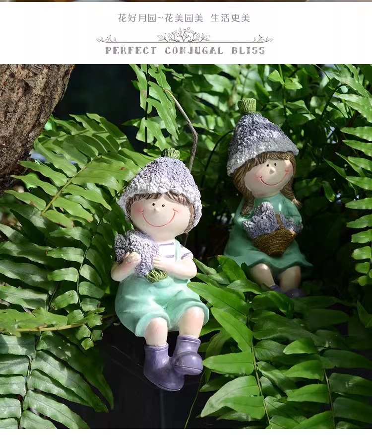 Balcony Cute Garden Doll Ornament Courtyard Home Cartoon Countryside Style Boy and Girl Resin Decorations Desktop