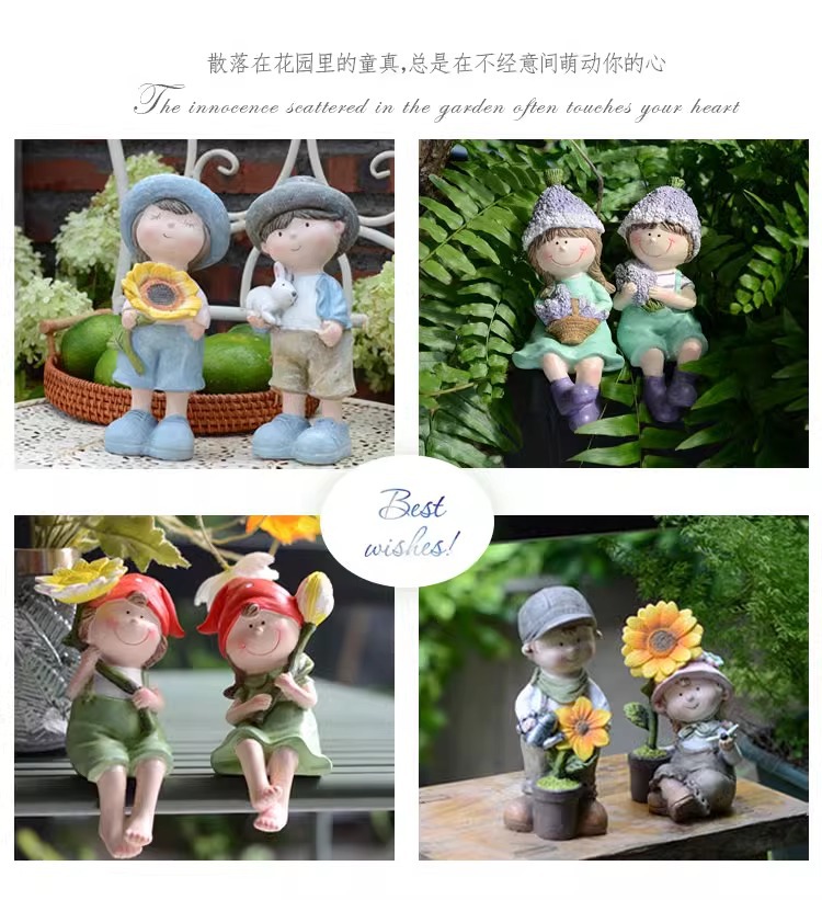 Balcony Cute Garden Doll Ornament Courtyard Home Cartoon Countryside Style Boy and Girl Resin Decorations Desktop