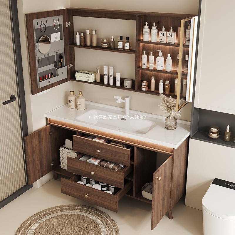 New Chinese style walnut bathroom cabinet combined with ceramic integrated basin, bathroom sink, hand washing basin cabinet, floor standing