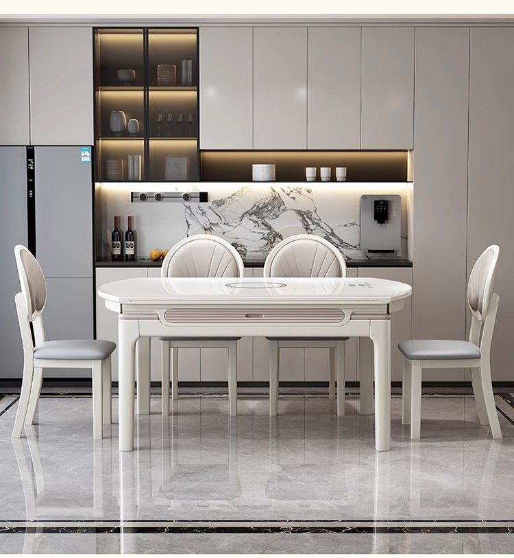Flow crystal solid wood dining table, household induction cooker, extendable and foldable, dual-purpose, light luxury glass small household dining table