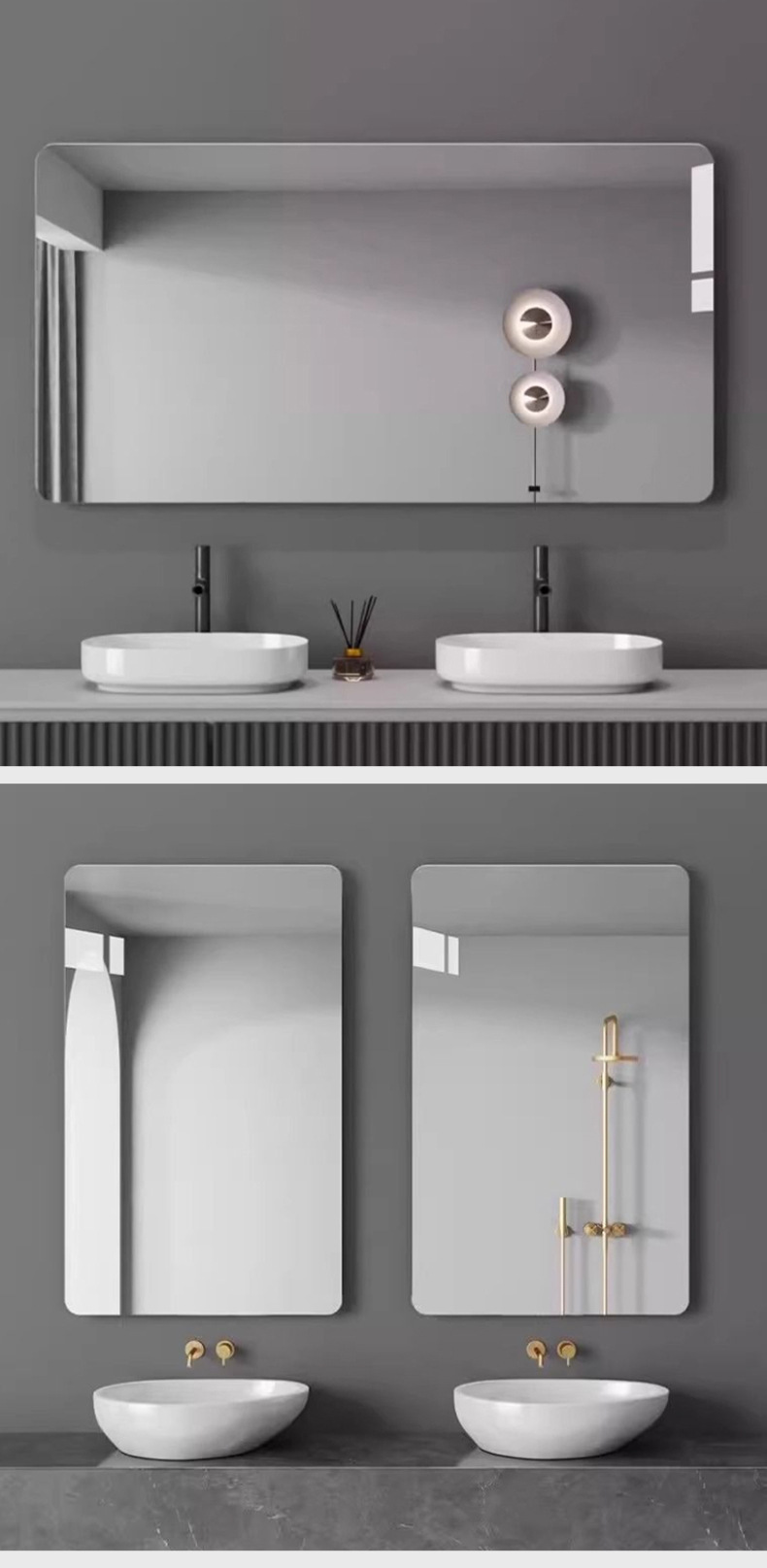 Glass bathroom mirror, wall mounted self-adhesive bathroom, washroom, washbasin, real wall mounted, non perforated lens