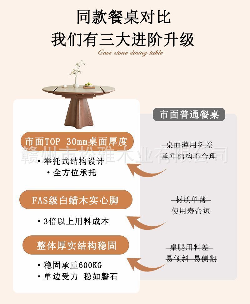 Cave stone rock board solid wood telescopic dining table, circular antique style, household small unit variable round table, wabi sabi folding dining table