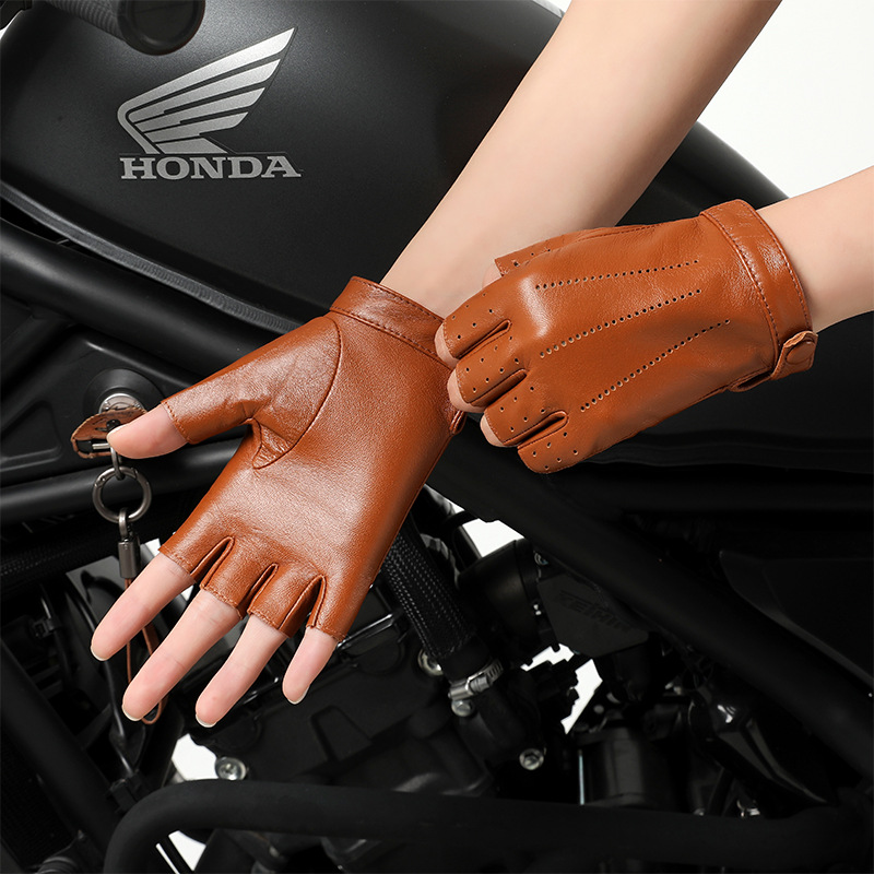 Real leather half finger gloves for women in spring and autumn, thin, breathable, perforated, cycling, motorcycle, road bike, top layer sheepskin