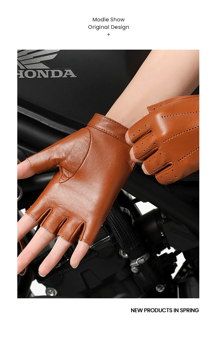Real leather half finger gloves for women in spring and autumn, thin, breathable, perforated, cycling, motorcycle, road bike, top layer sheepskin