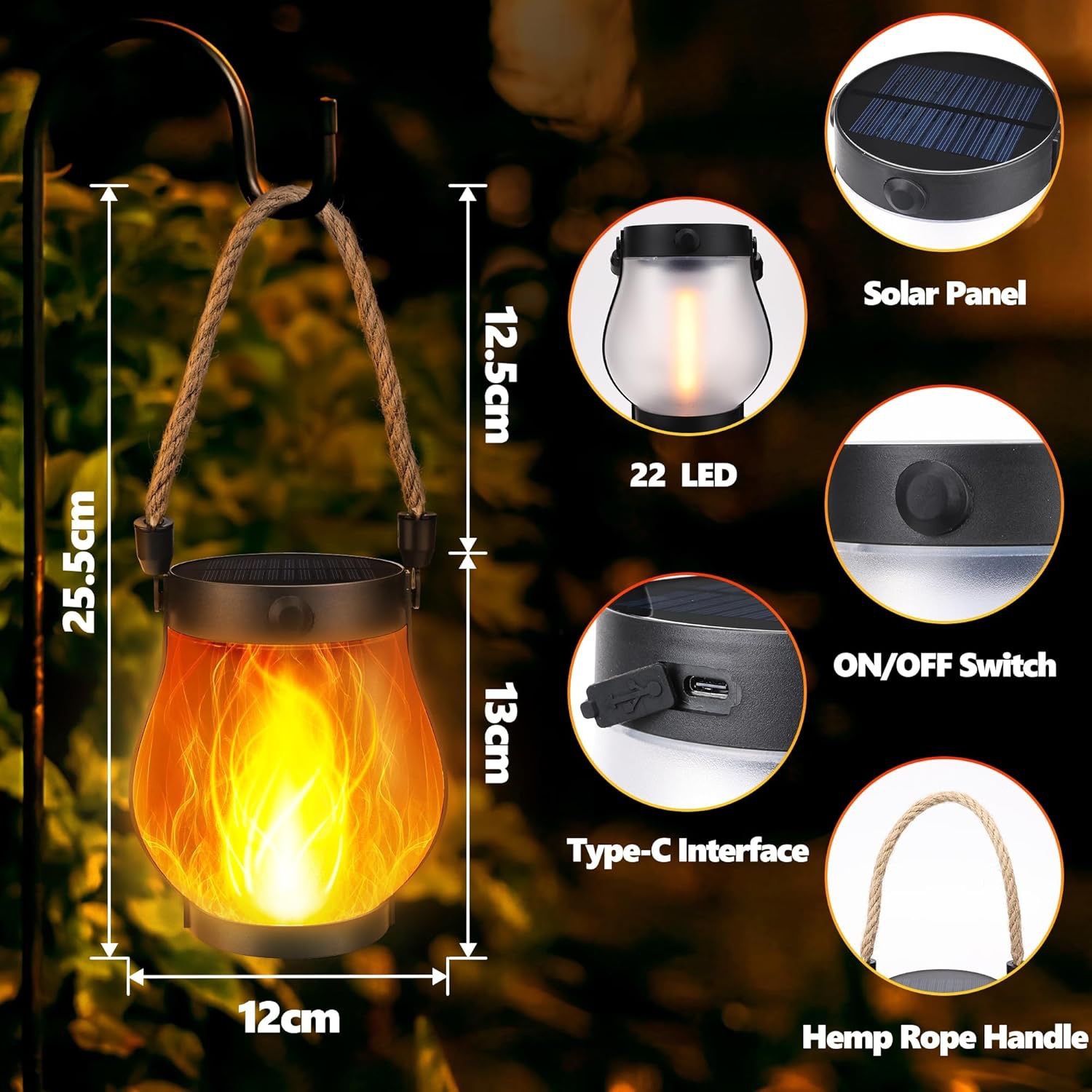 Cross border solar flame lamp hemp rope lantern courtyard garden decoration Mason lamp solar USB courtyard lamp