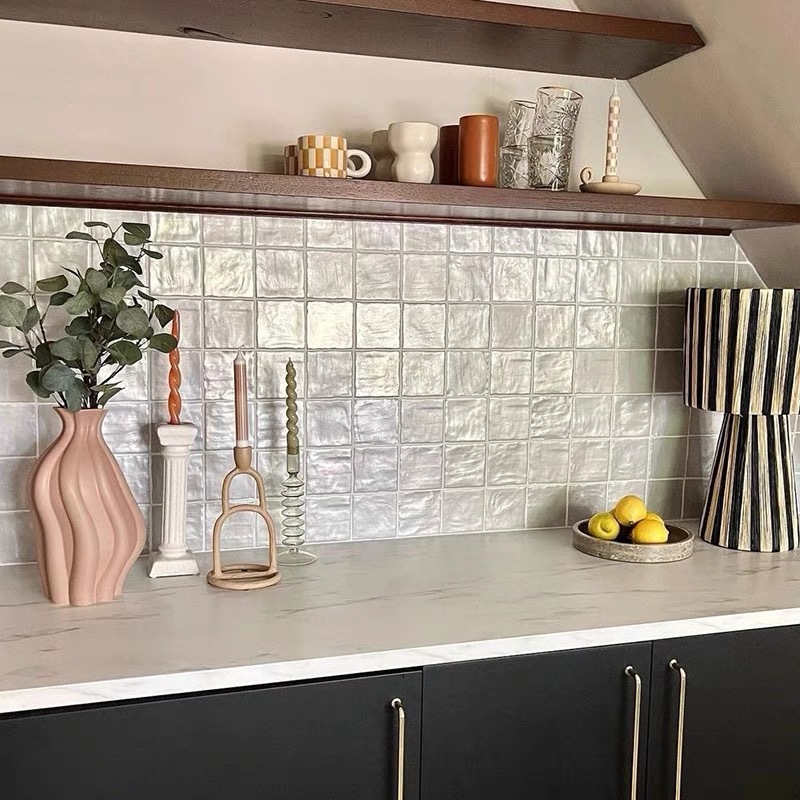 Nordic minimalist handmade ceramic tiles, pearl glazed ceramic tiles, shell gloss milky white bathroom kitchen wall tiles, dining table background wall