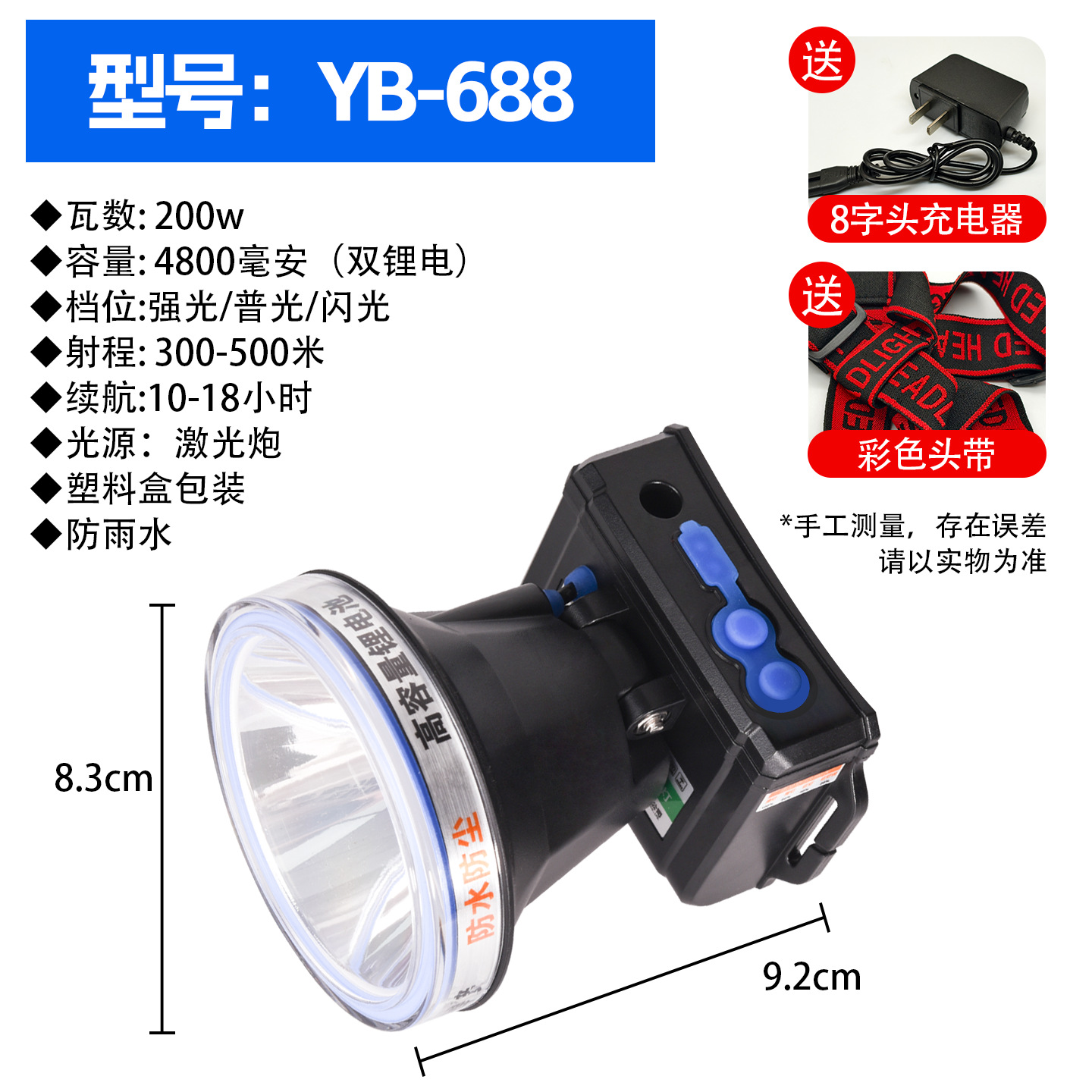 Strong light headlight, outdoor LED ultra bright long-range spotlight, bald head, wearable night fishing mineral light, long endurance, lithium battery charging