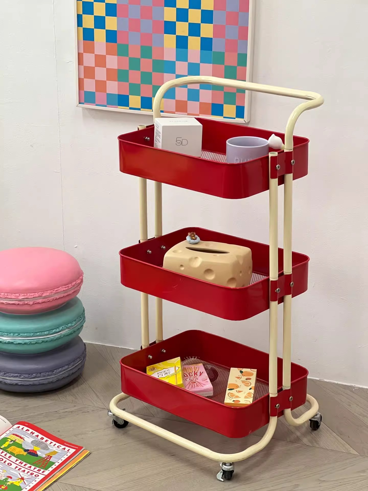 Small cart storage rack, floor standing multi-layer movable living room kitchen storage rack, dormitory snack storage cart wholesale