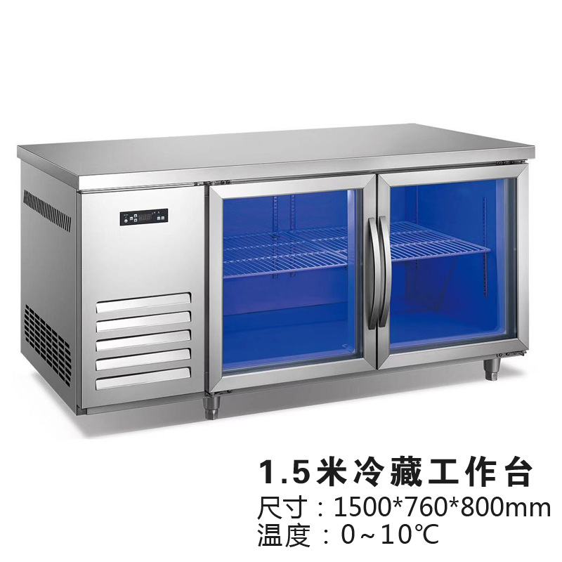Full range copper tube commercial blue light refrigeration workbench, fresh-keeping glass door workbench, refrigeration and freezing operation table, freezer