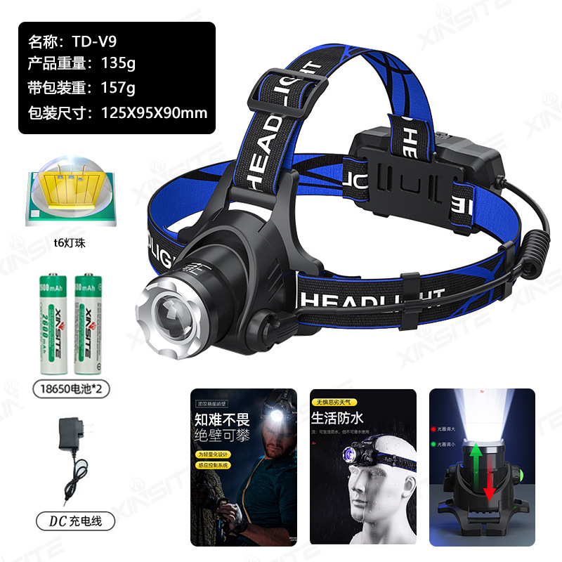 Cross border outdoor zoom induction strong bald head light, long endurance lithium battery head mounted explosive dual light source fishing light, mining light